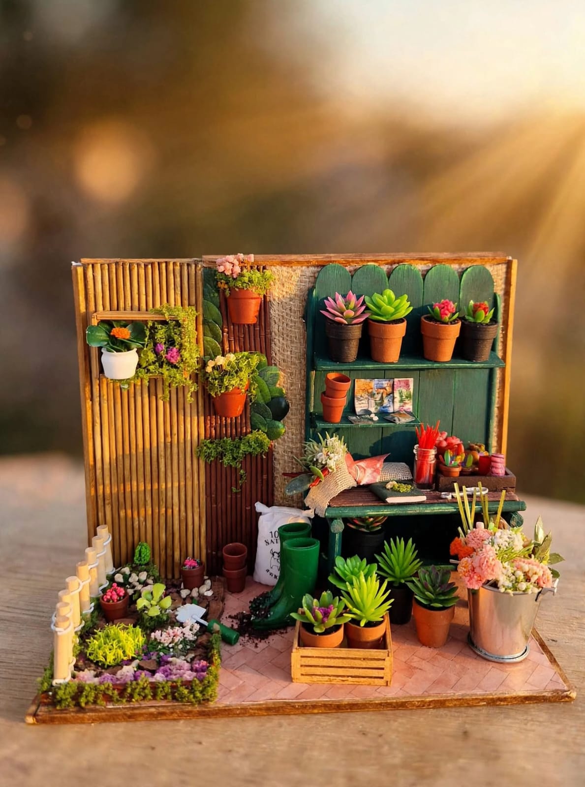 Bancada de jardinagem em miniatura com vasos e plantas