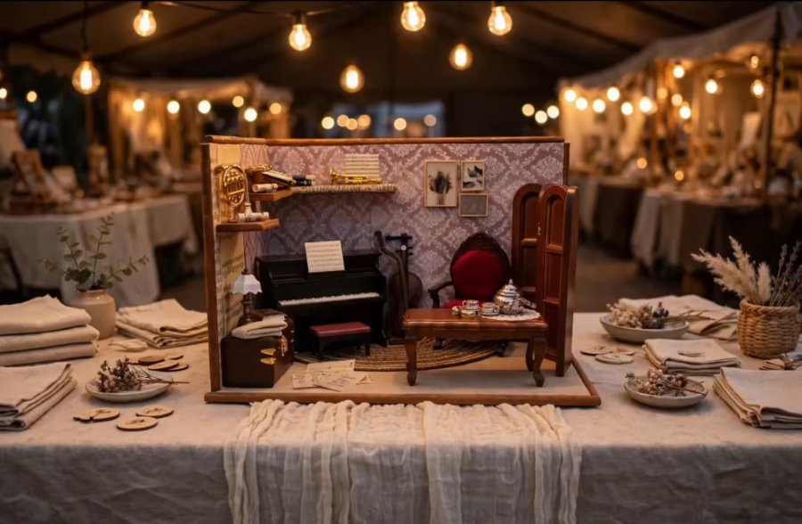 Salinha de piano em diorama numa feira de artesanato