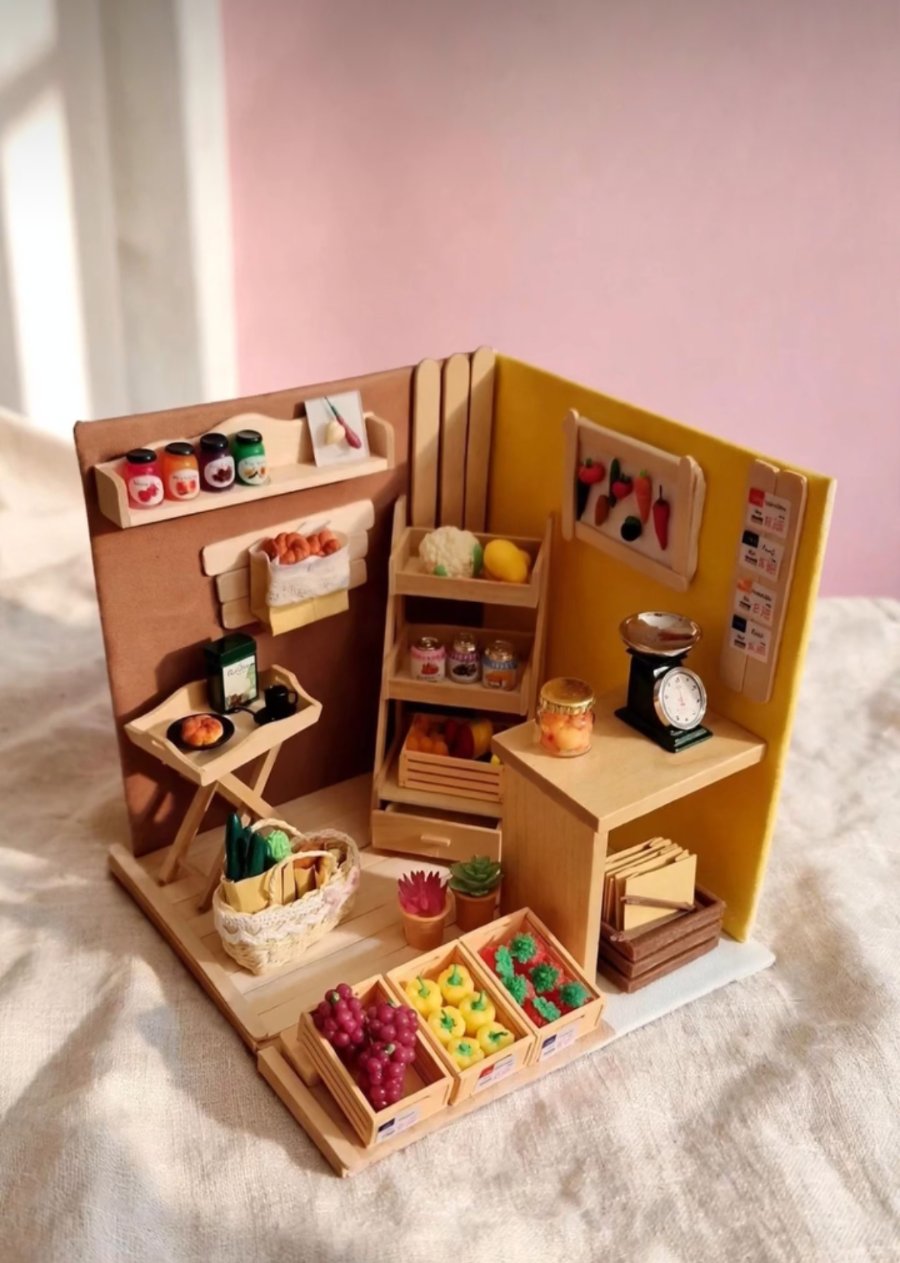 Caixotes de uvas e pimentos em diorama, ao perto